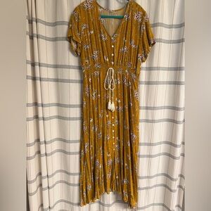 Elegant Mustard Floral Midi Dress